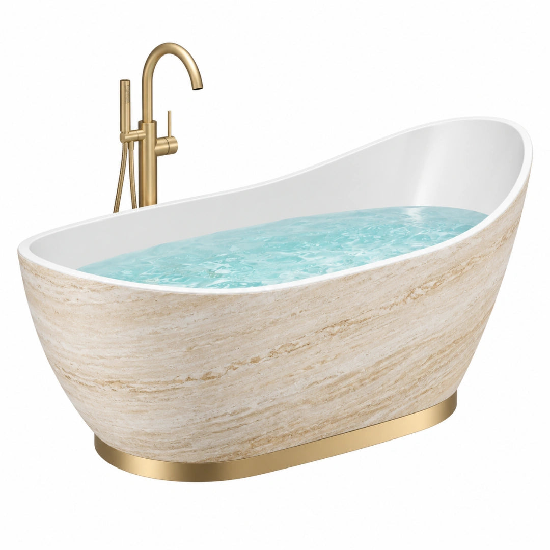 Freistehende Badewanne 170 x 75 cm in Beige Weiß Steinoptik mit Goldsockel