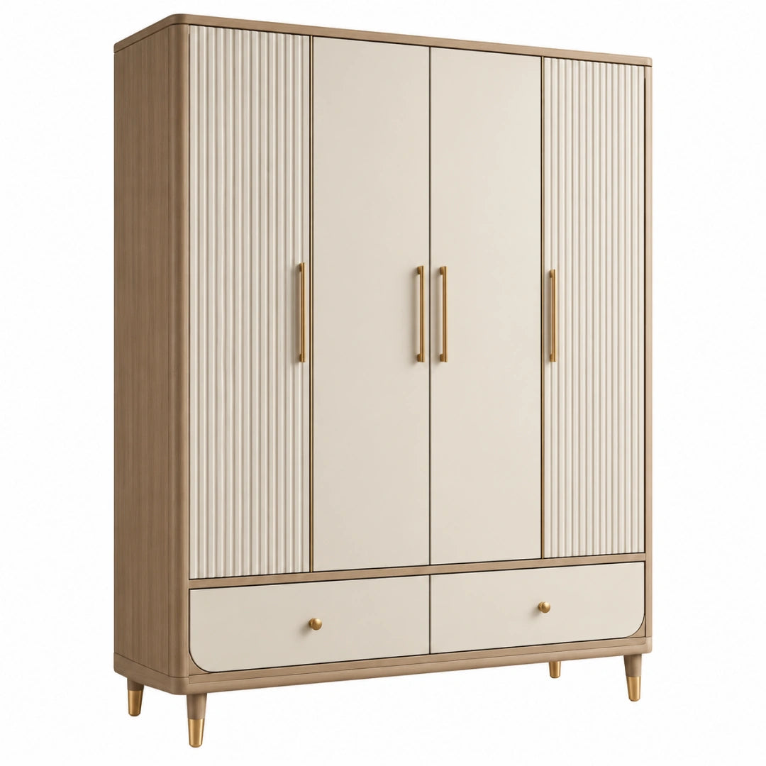 Hellbeiger Kleiderschrank Erandilo aus Holzwerkstoff mit 4 Türen und 2 Schubladen, Maße 120x55x200 cm, goldene Akzente