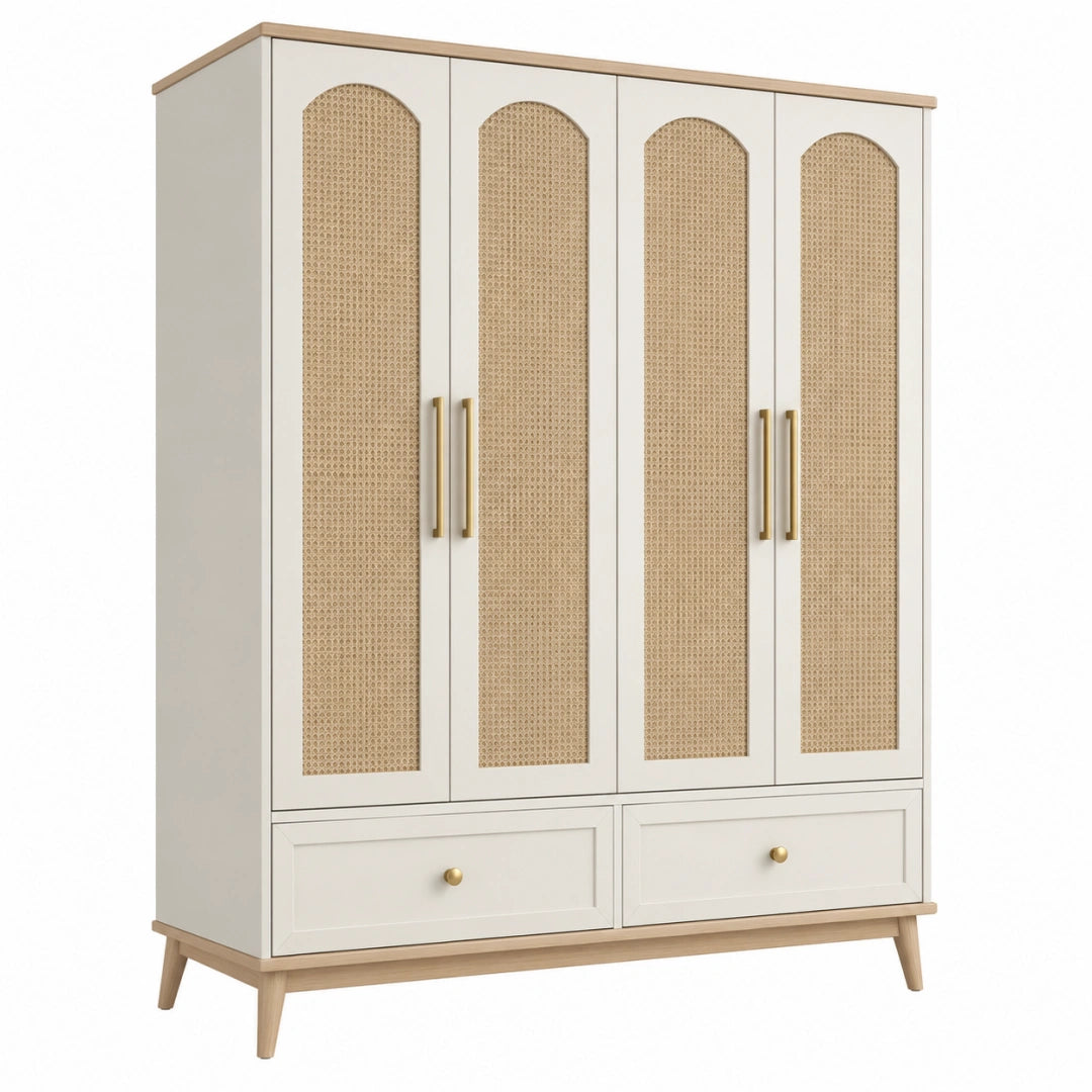 Erandilo Kleiderschrank aus Holzwerkstoff, beige Natur mit Rattanoptik im Boho-Stil, Maße 160x55x200 cm, stilvoll und praktisch