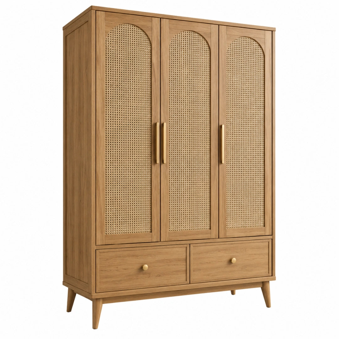 Moderner Erandilo Kleiderschrank aus Holz und Rattan, 120x55x190 cm, mit 3 Türen und 2 Schubladen, naturfarben.