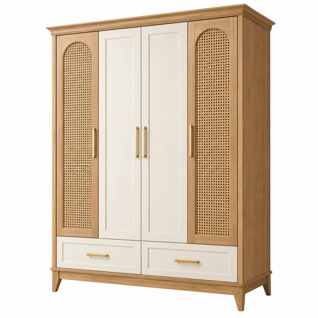Großer Kleiderschrank aus Holz in Naturweiß mit Rattangeflecht im Landhausstil, Maße 160x60x200 cm, von Erandilo.