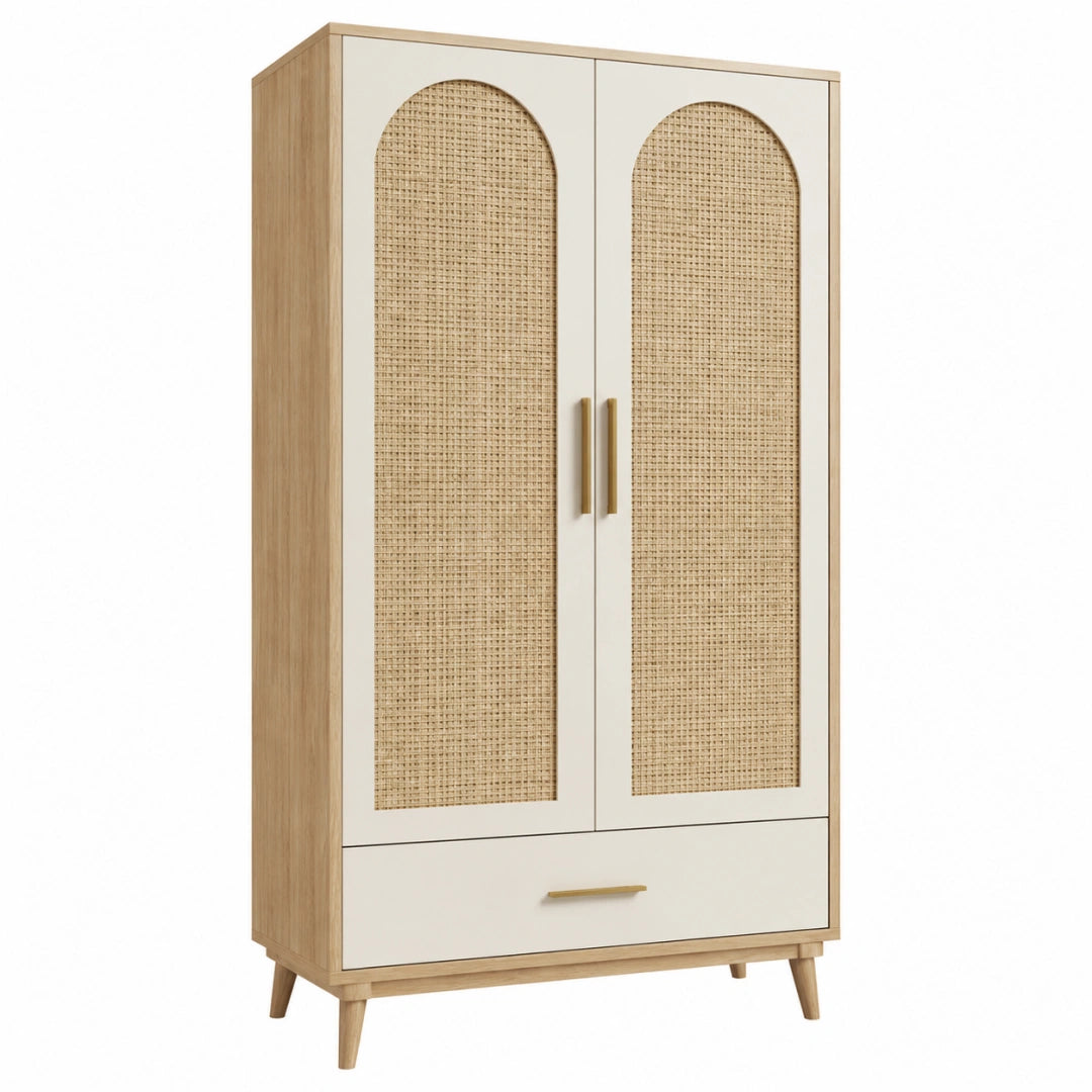 Kleiderschrank aus Holz und Rattan in Natur-Beige, 80x40x180 cm, mit 2 Türen und Schublade, Erandilo.