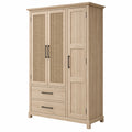 Geräucherter Holzkleiderschrank 120x55x200 cm mit Geflecht-Türen und Schubladen, Erandilo, naturfarben