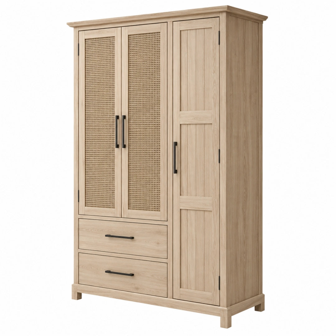 Geräucherter Holzkleiderschrank 120x55x200 cm mit Geflecht-Türen und Schubladen, Erandilo, naturfarben