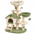 Großer Erandilo Kratzbaum aus Holz und Plüsch in Grün-Beige, mit Sisalstämmen und Katzenhöhle, ideal für Katzen.