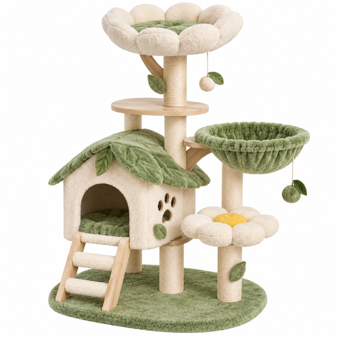 Großer Erandilo Kratzbaum aus Holz und Plüsch in Grün-Beige, mit Sisalstämmen und Katzenhöhle, ideal für Katzen.