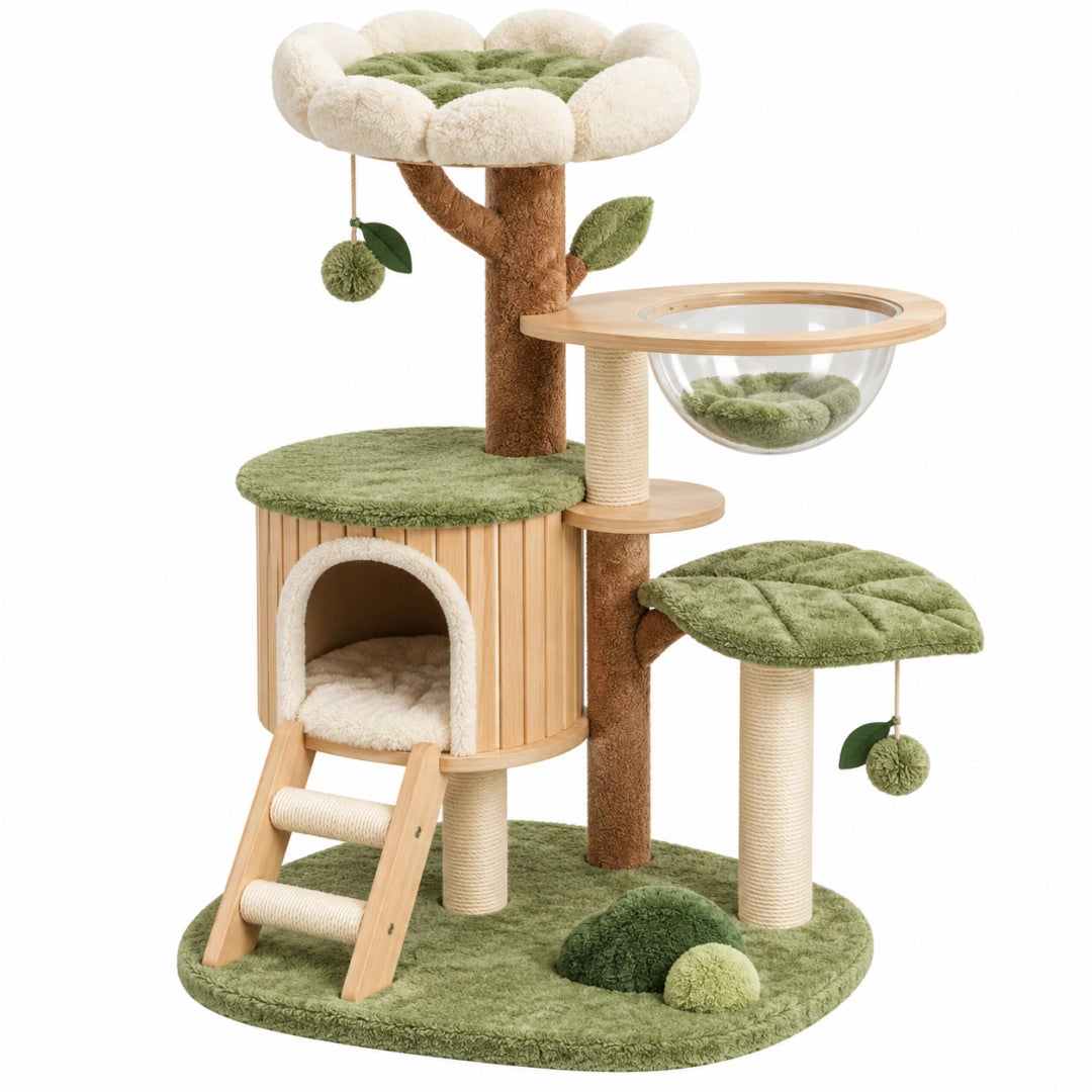 Erandilo Kratzbaum aus Holz, mit Plüsch und Sisal, in Grün, Beige und Braun, mit Höhle, Liegeflächen und Kratzsäulen