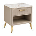 Moderner Nachttisch von Erandilo, beige-weißer Holz Nachttisch mit Goldakzenten, Schublade und offenem Fach, Maße 50x40x60 cm