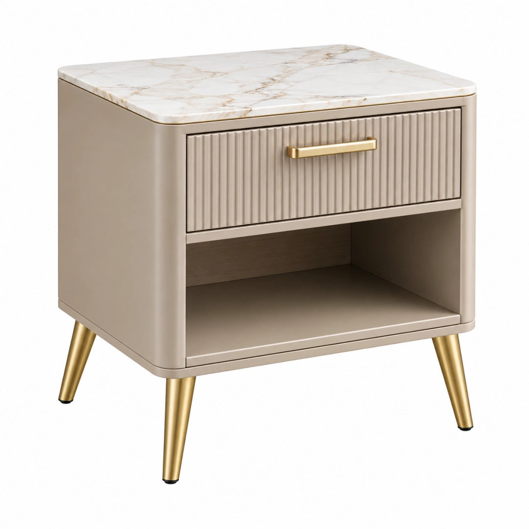Moderner Nachttisch von Erandilo, beige-weißer Holz Nachttisch mit Goldakzenten, Schublade und offenem Fach, Maße 50x40x60 cm