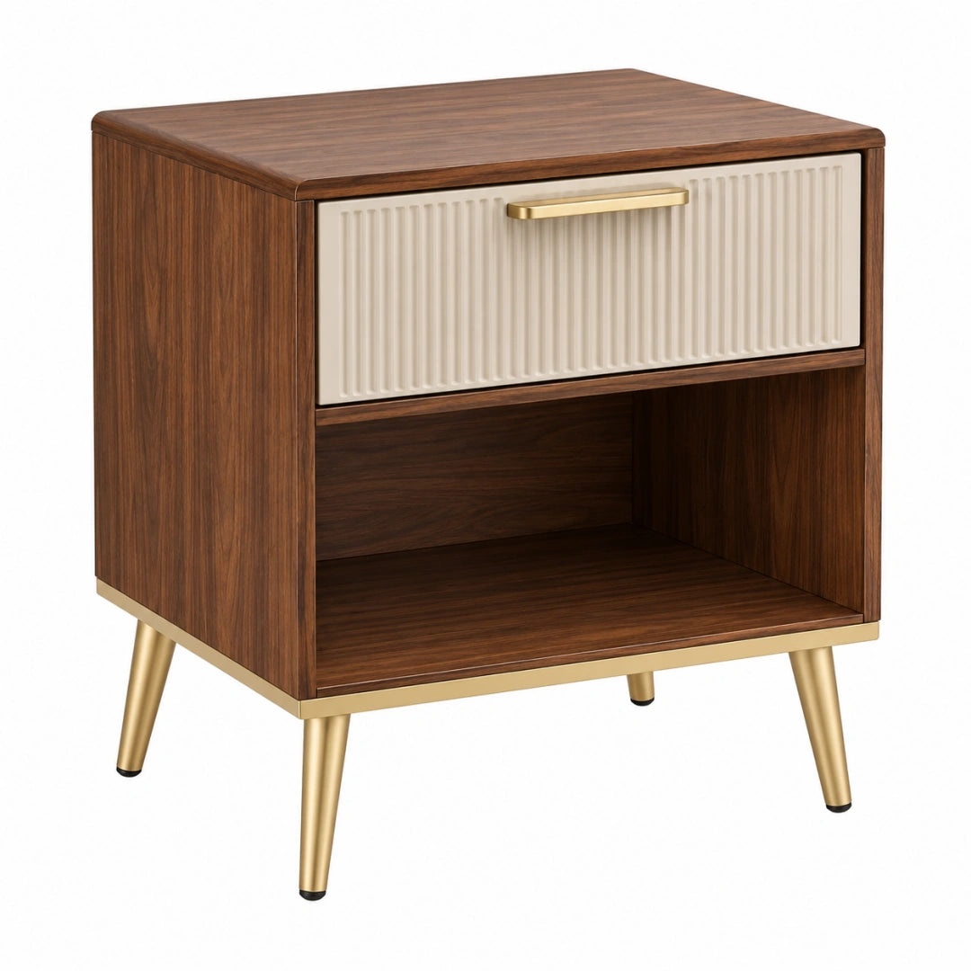 Nachttisch von Erandilo in Holzoptik braun und creme, 50x40x60 cm mit Schublade und offenem Fach, modernes Design