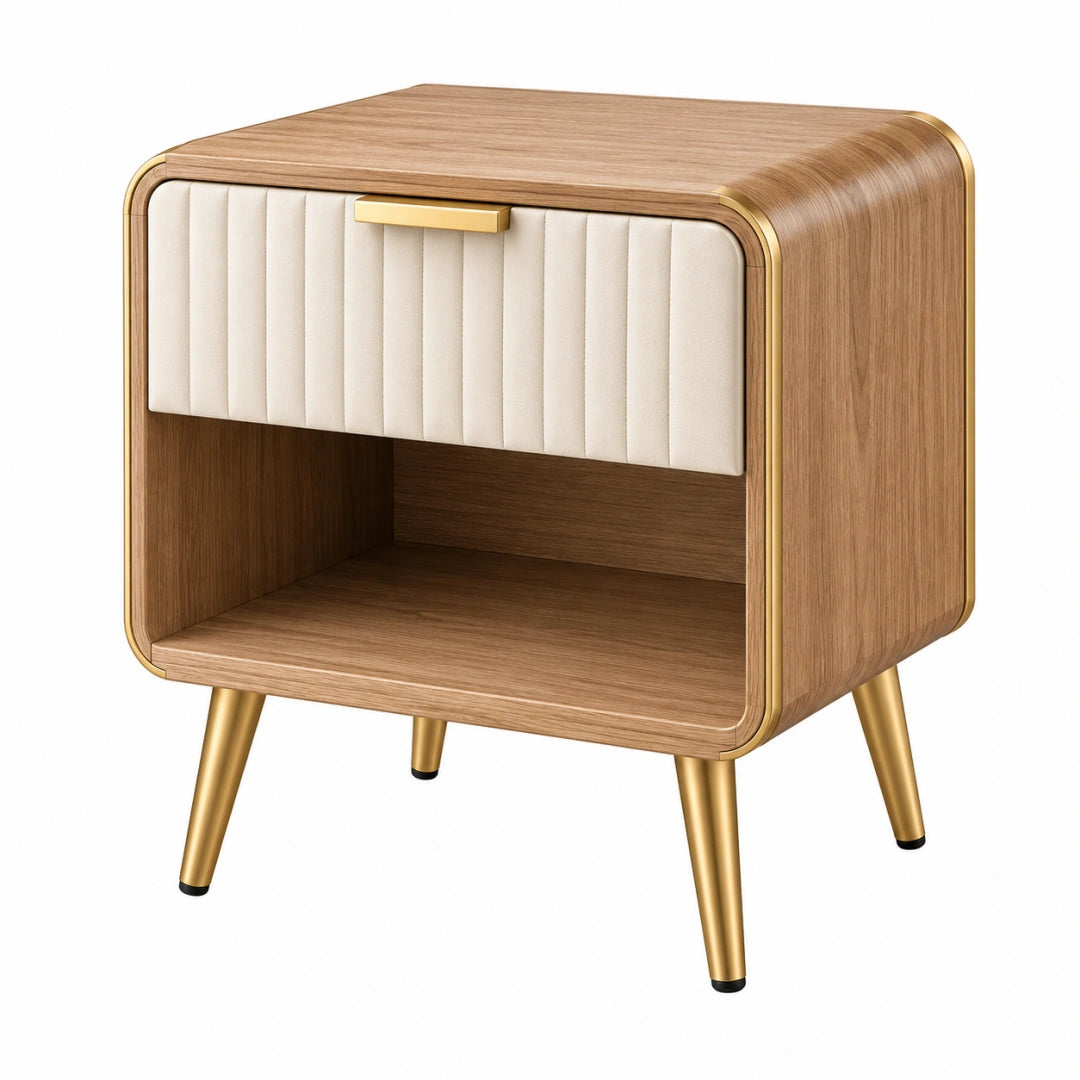 Nachttisch aus Holzwerkstoff in Braun-Creme mit Schublade und offenem Fach, Maße 50x40x60 cm, von Erandilo