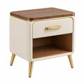 Moderner Nachttisch aus Holz und Kunstleder in Beige und Walnussbraun mit Schublade, Maße 50x40x55 cm, von Erandilo.
