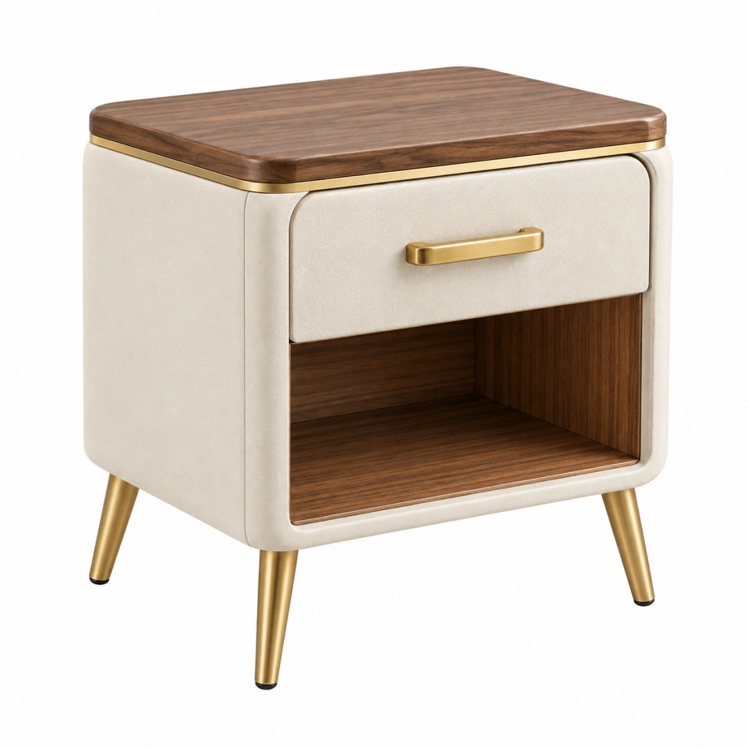 Moderner Nachttisch aus Holz und Kunstleder in Beige und Walnussbraun mit Schublade, Maße 50x40x55 cm, von Erandilo.