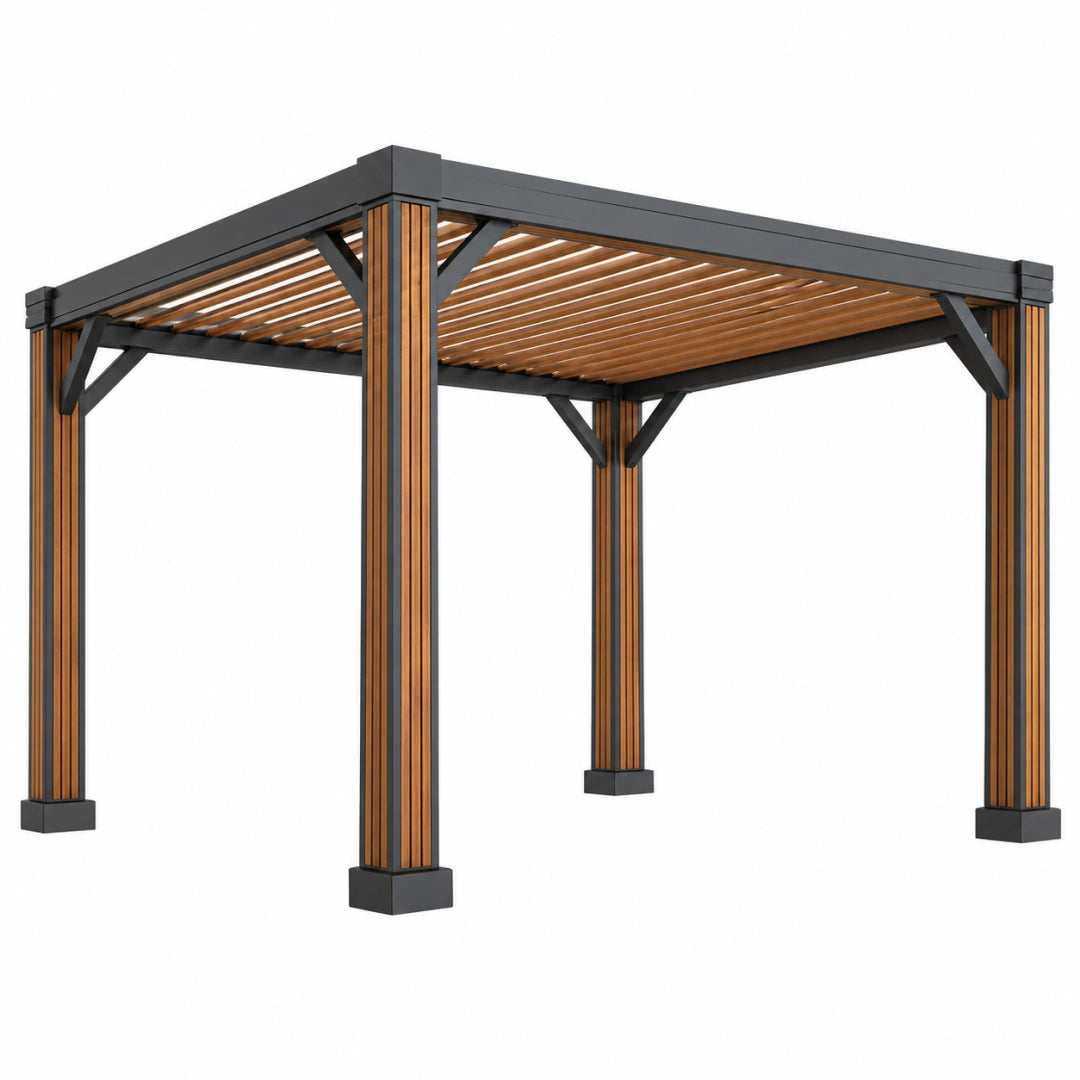 Robuste Pergola aus Metall und Holz in Braun und Schwarz mit Lattendach, Maße 300x300x230 cm, von Erandilo.