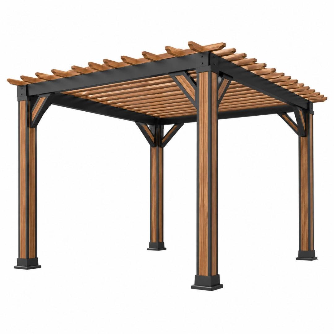 Pergola aus Holz und Metall in Braun und Schwarz mit offenem Lamellendach, Maße 300x300x250 cm, von Erandilo.