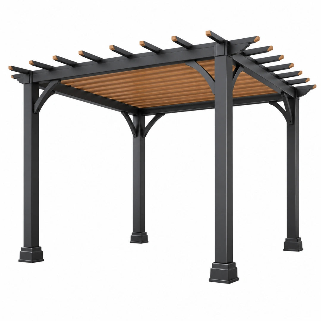 Pergola von Erandilo, 300x300x230 cm, aus schwarzem Metall und Holz mit Lamellendach für Terrasse.