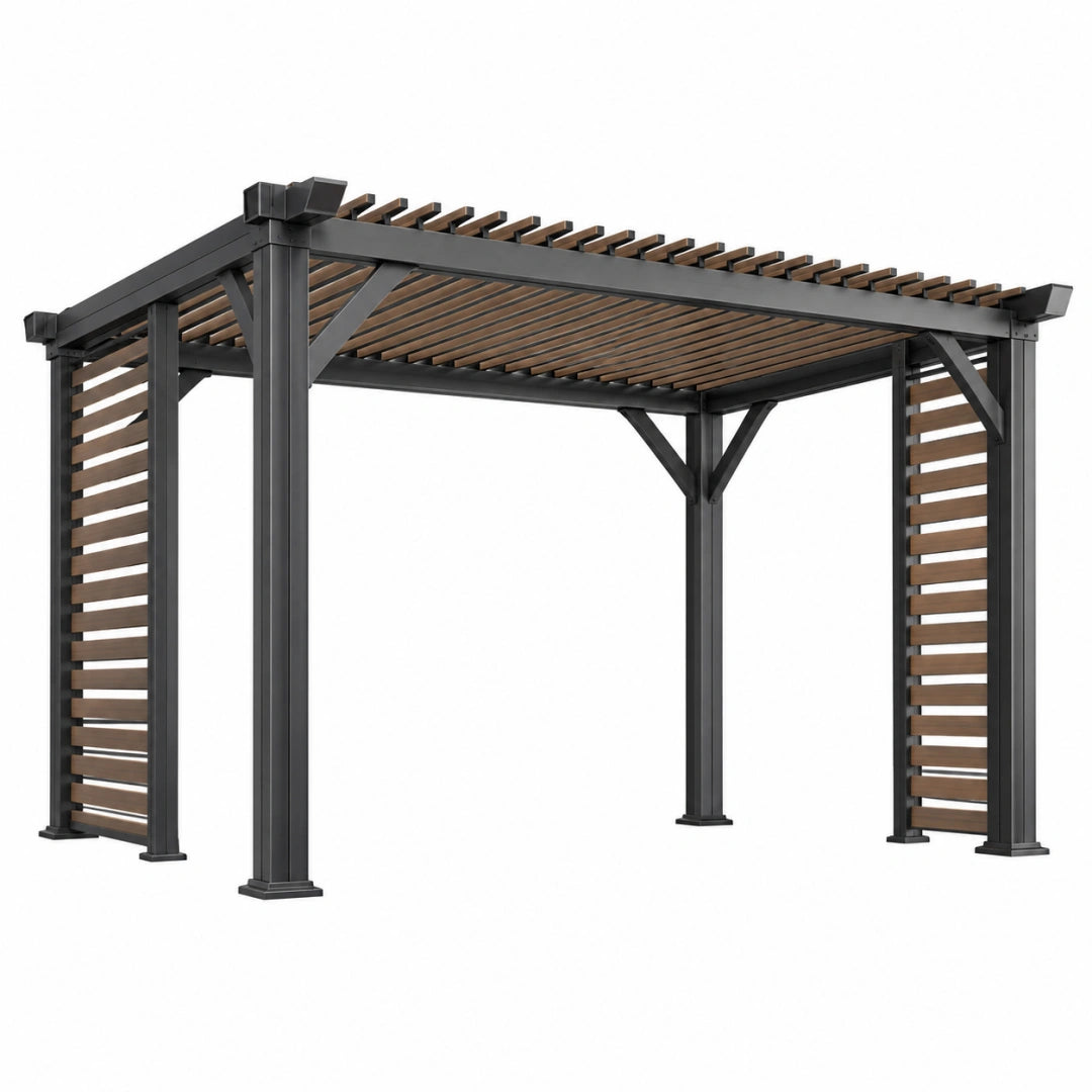 Pergola aus Stahl und Holz, 300x300x230 cm, schwarz-braun mit Lamellendach, ideal für Garten und Terrasse von Erandilo
