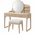Schminktisch-Set aus Holz in Beige mit rundem Spiegel und Hocker, Erandilo, 100 x 45 cm, elegantes Make-up Möbel
