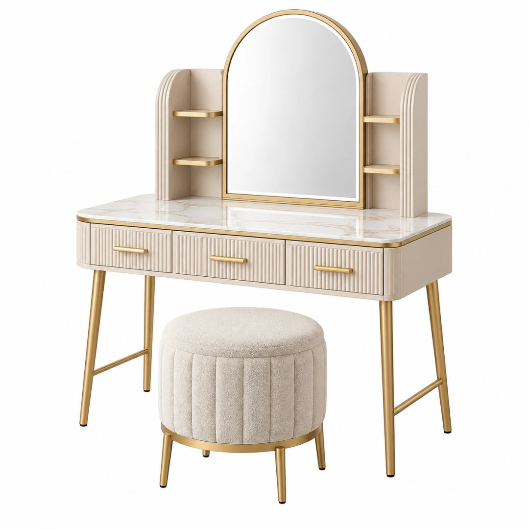 Erandilo Schminktisch Set 100 cm in Creme Gold mit Spiegel, Schubladen und Hocker, eleganter Frisiertisch für das Schlafzimmer