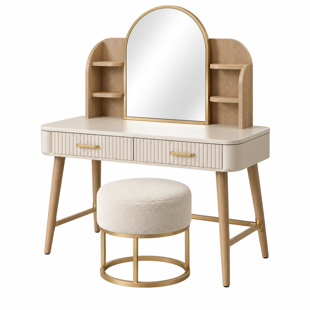 Moderner Erandilo Schminktisch aus Creme natur Holzwerkstoff mit Spiegel, Hocker und Ablagen, Maße 100x45x140 cm.