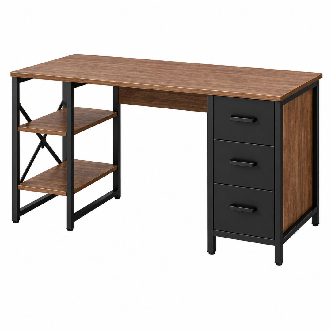 Brauner und schwarzer Erandilo Schreibtisch aus Holzwerkstoff mit 3 Schubladen und Ablagen im Industriestil, Maße 120x60x75 cm