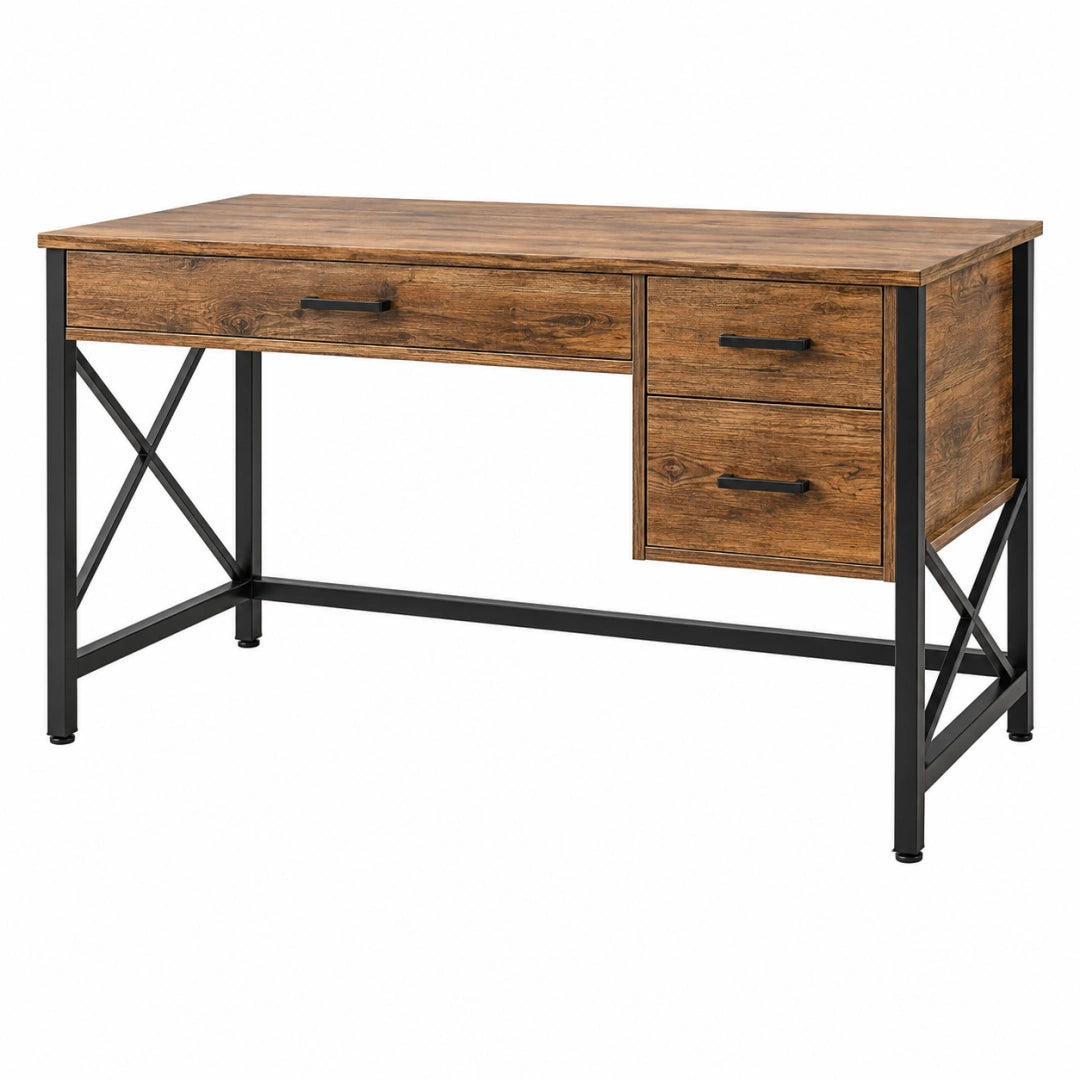 Moderner Erandilo Schreibtisch aus brauner Holzoptik mit schwarzem Metall, 3 Schubladen, Industriestil, 140 x 60 x 75 cm