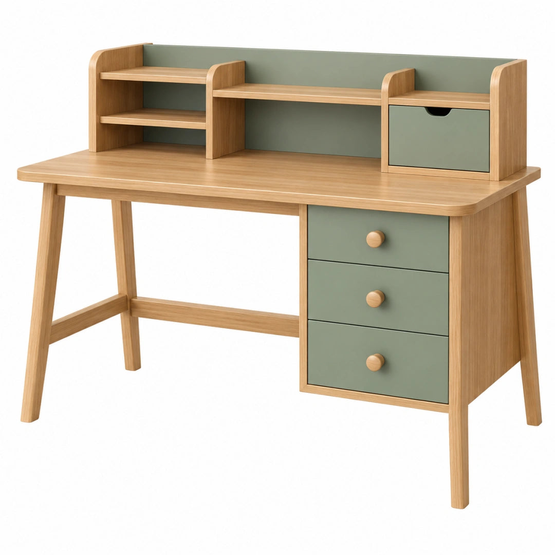 Moderner Schreibtisch aus Holzwerkstoff in Salbeigrün mit Regal und Schubladen, Maße 120 x 60 x 105 cm, von Erandilo