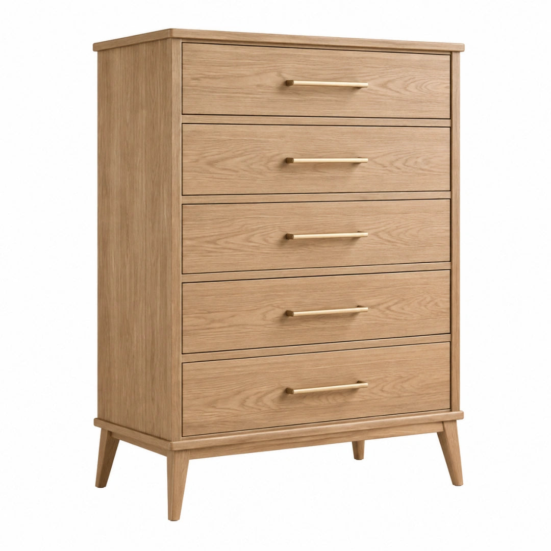 Skandinavischer Holz-Schubladenschrank von Erandilo, 90x45x120 cm, Eichenfarbe, mit 5 Schubladen, modernes Design
