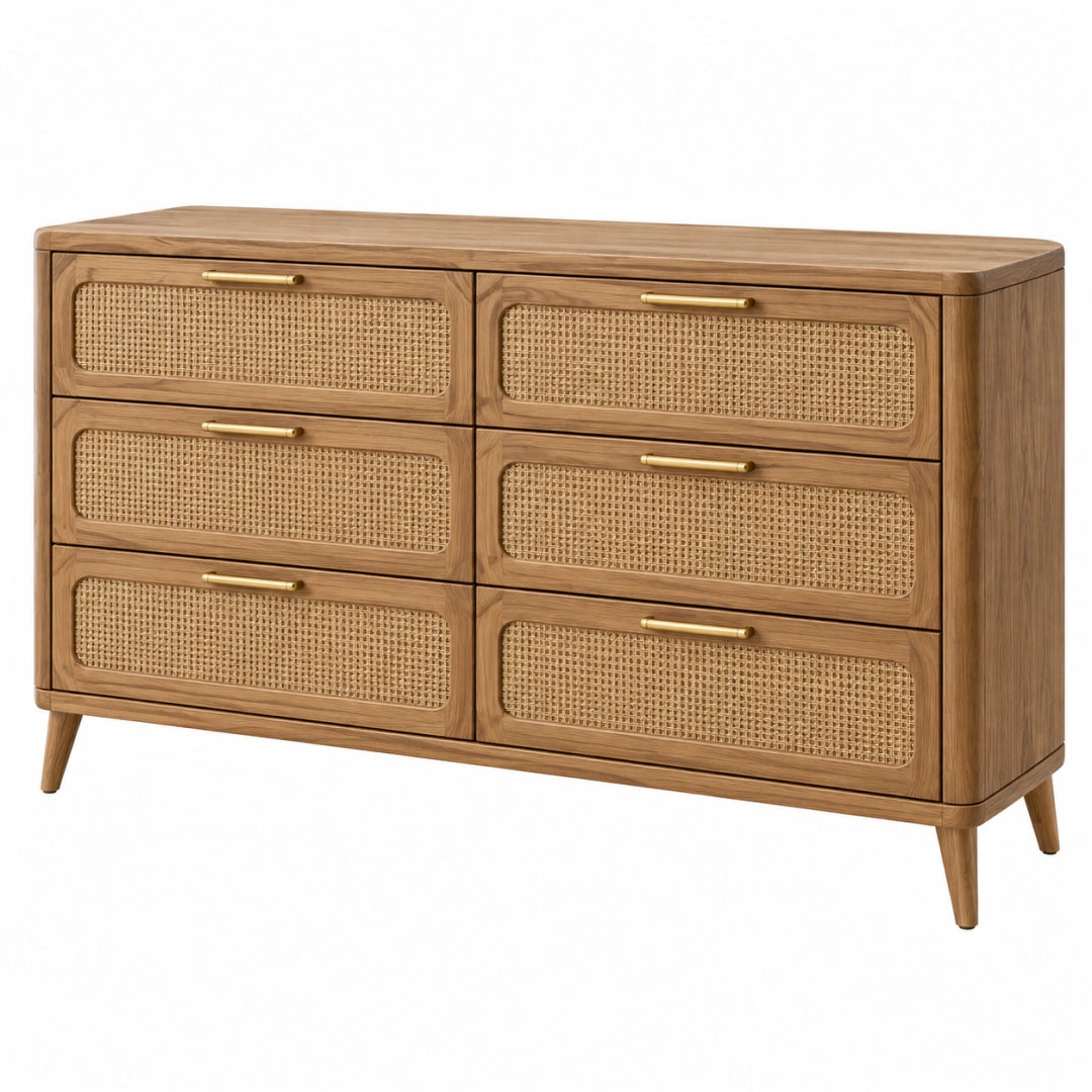 Naturfarbener Erandilo Schubladenschrank aus Holz und Rattan, 160x45x85 cm, mit 6 Schubladen für stilvolle Aufbewahrung