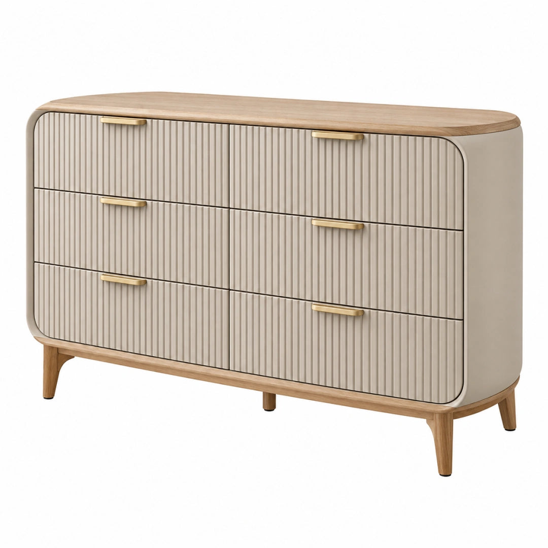 Moderne beige Holz-Kommode mit sechs Schubladen, Erandilo Schubladenschrank, 140 x 45 x 85 cm, stilvoller Stauraum