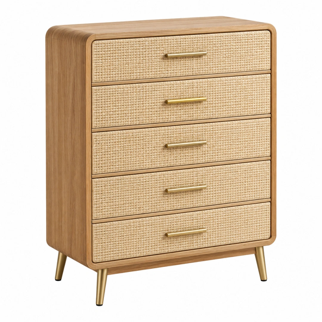 Moderne Kommode aus Holzoptik mit 5 Schubladen und Rattangeflecht, Erandilo Schubladenschrank, Maße 80x40x110 cm