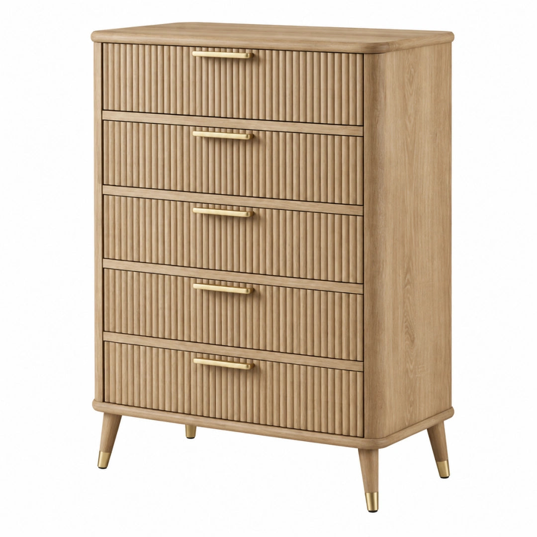 Geriffelte Holz-Kommode von Erandilo, 80x40x120 cm, mit 5 Schubladen im natürlichen Holzdesign.