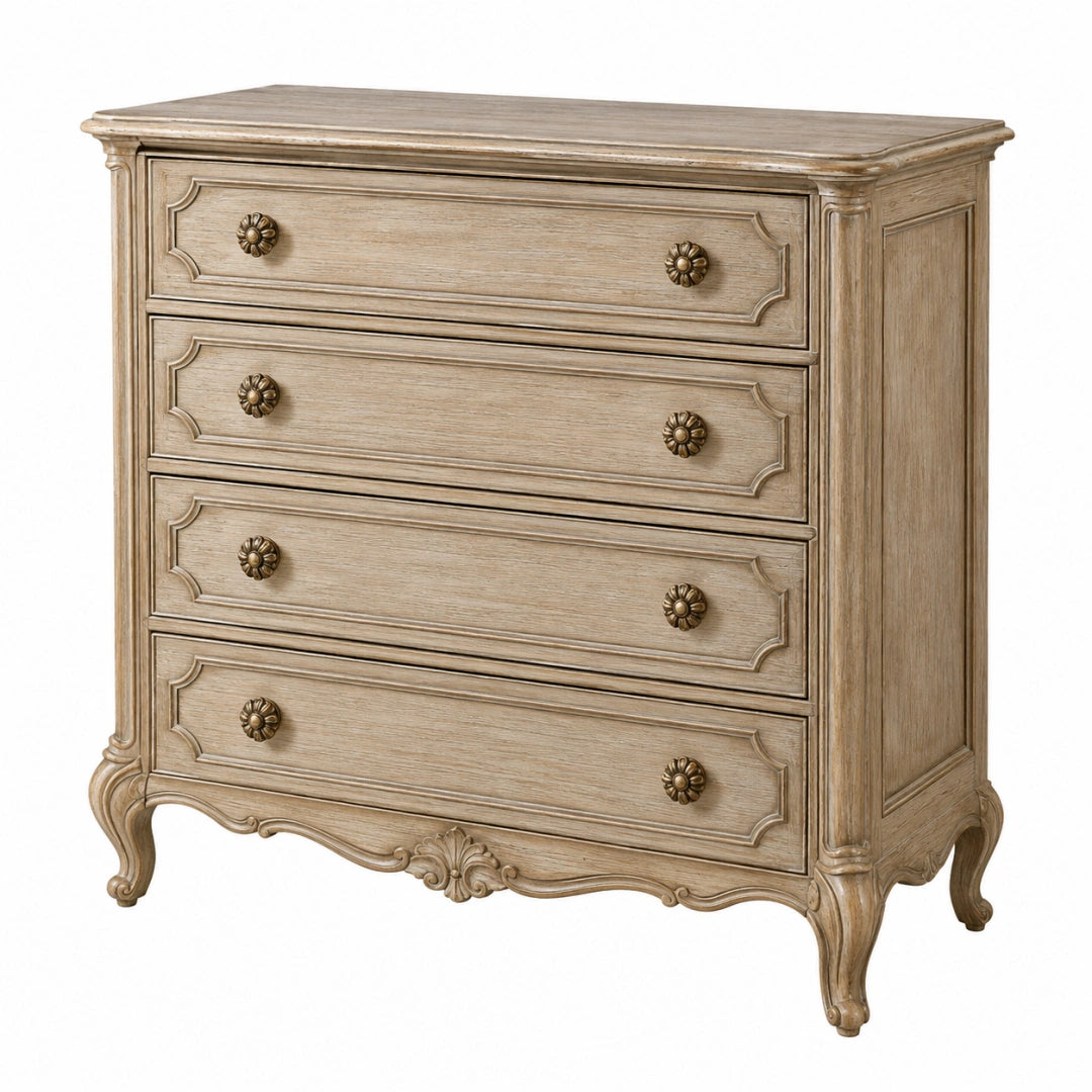 Massiver Landhausstil-Kommode von Erandilo, beige, 100 cm breit mit 4 Schubladen aus Holz, stilvoller Schubladenschrank
