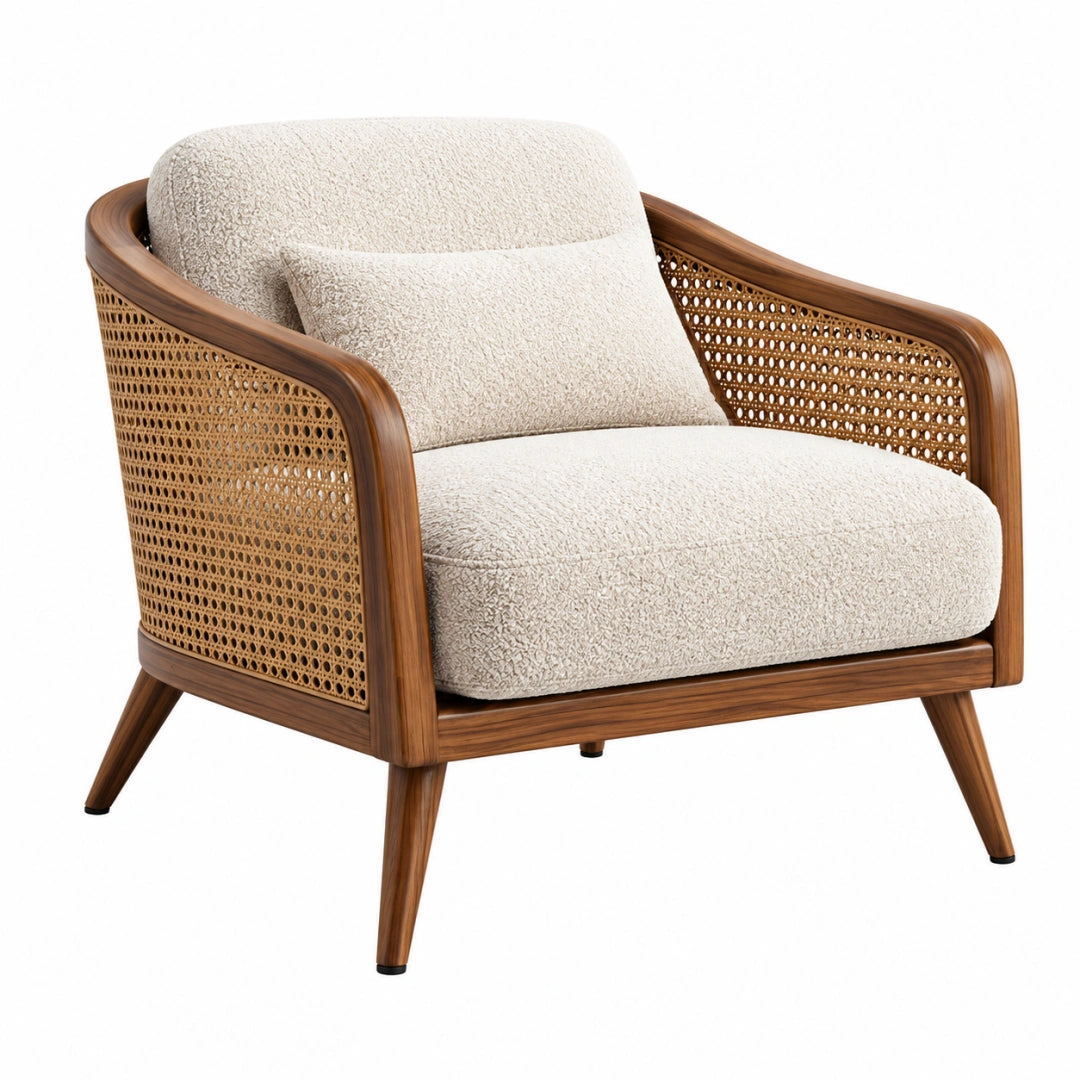 Erandilo Rattansessel im Mid-Century-Stil, cremebraunes Bouclé, Holzrahmen, Maße 82x80x82 cm, gemütlicher Sitzstuhl