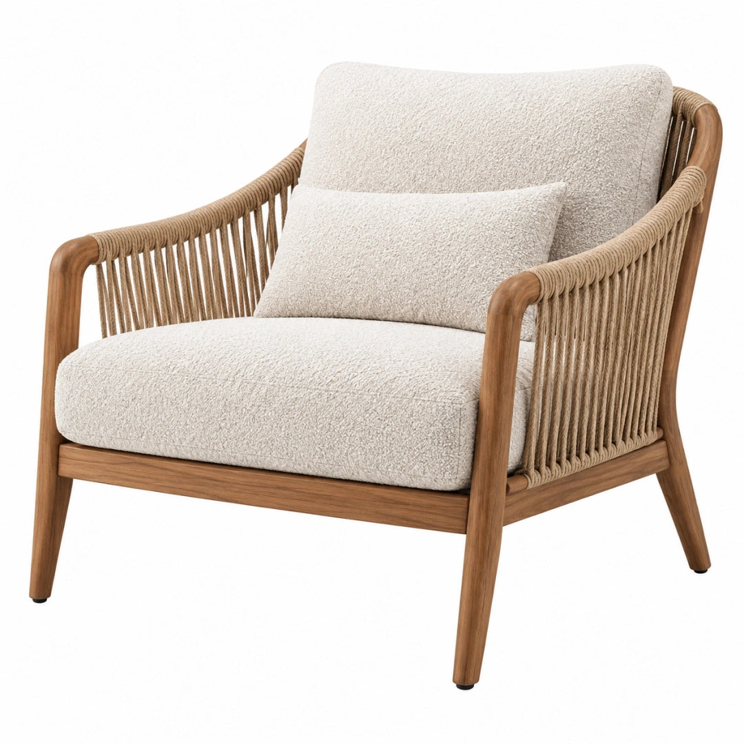 Holzsessel mit Kordel in Natur Creme, gepolstert, Maße 76x82x86 cm, Erandilo, gemütlicher Sitzmöbel in modernem Design