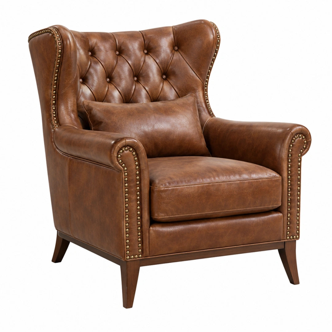 Brauner Chesterfield Ohrensessel von Erandilo aus Kunstleder mit Knopfheftung, Maße 85x90x105 cm, stilvoller Sitzkomfort