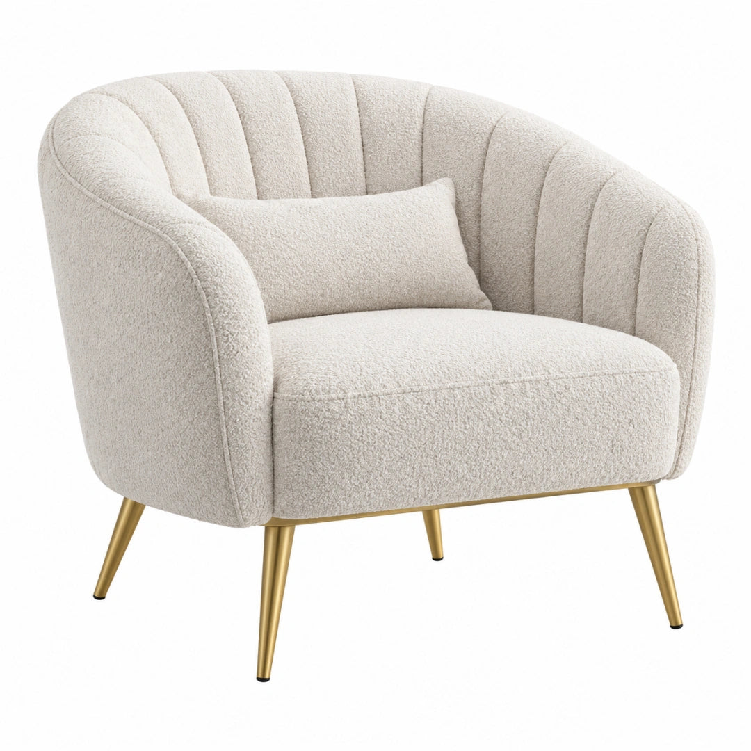 Moderner Erandilo Sessel aus cremefarbenem Bouclé-Stoff mit goldenen Metallbeinen, 80 x 76 x 78 cm, stilvoll und komfortabel.