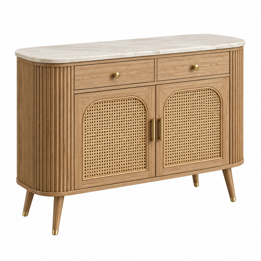 Holz-Sideboard Erandilo mit Rattan-Fronten, Marmoroptik, Maße 120x45x85 cm, natürlicher Stauraum, stilvolles Design