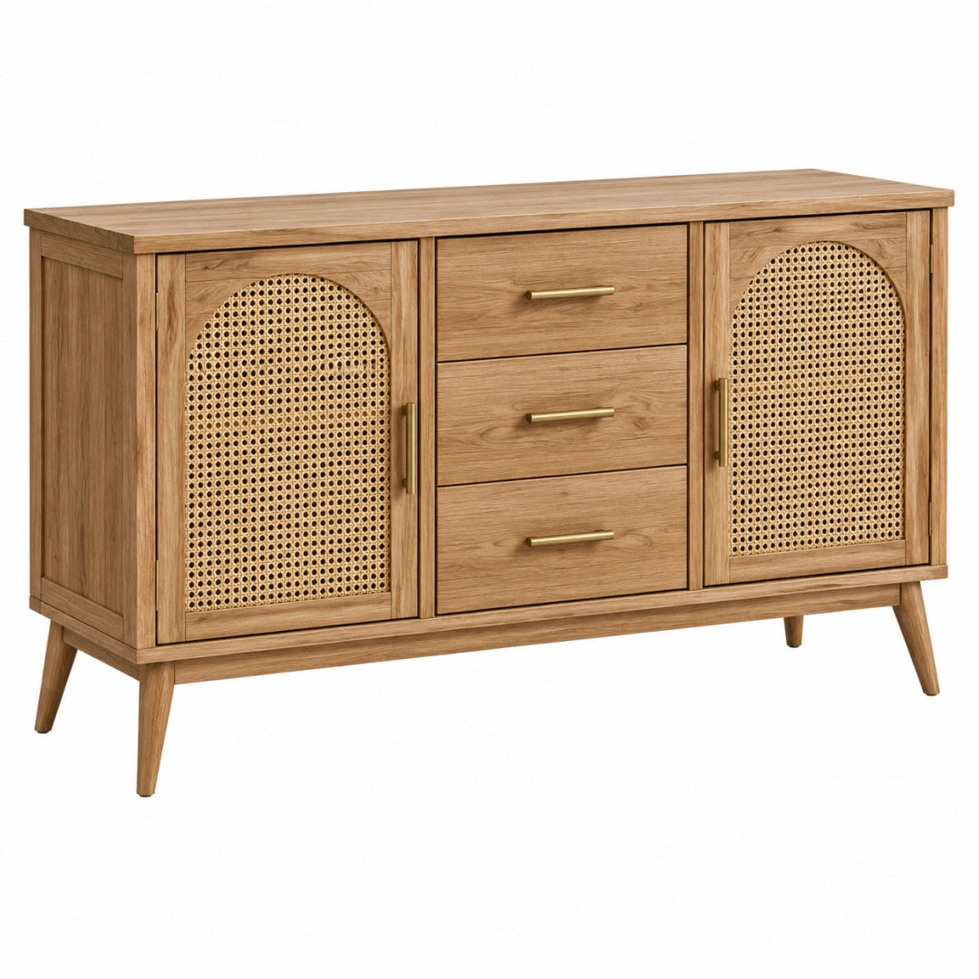 Erandilo Sideboard aus Holz und Rattan, 120x40x75 cm, naturbraun, mit 3 Schubladen, stilvolle Aufbewahrung für Wohnzimmer