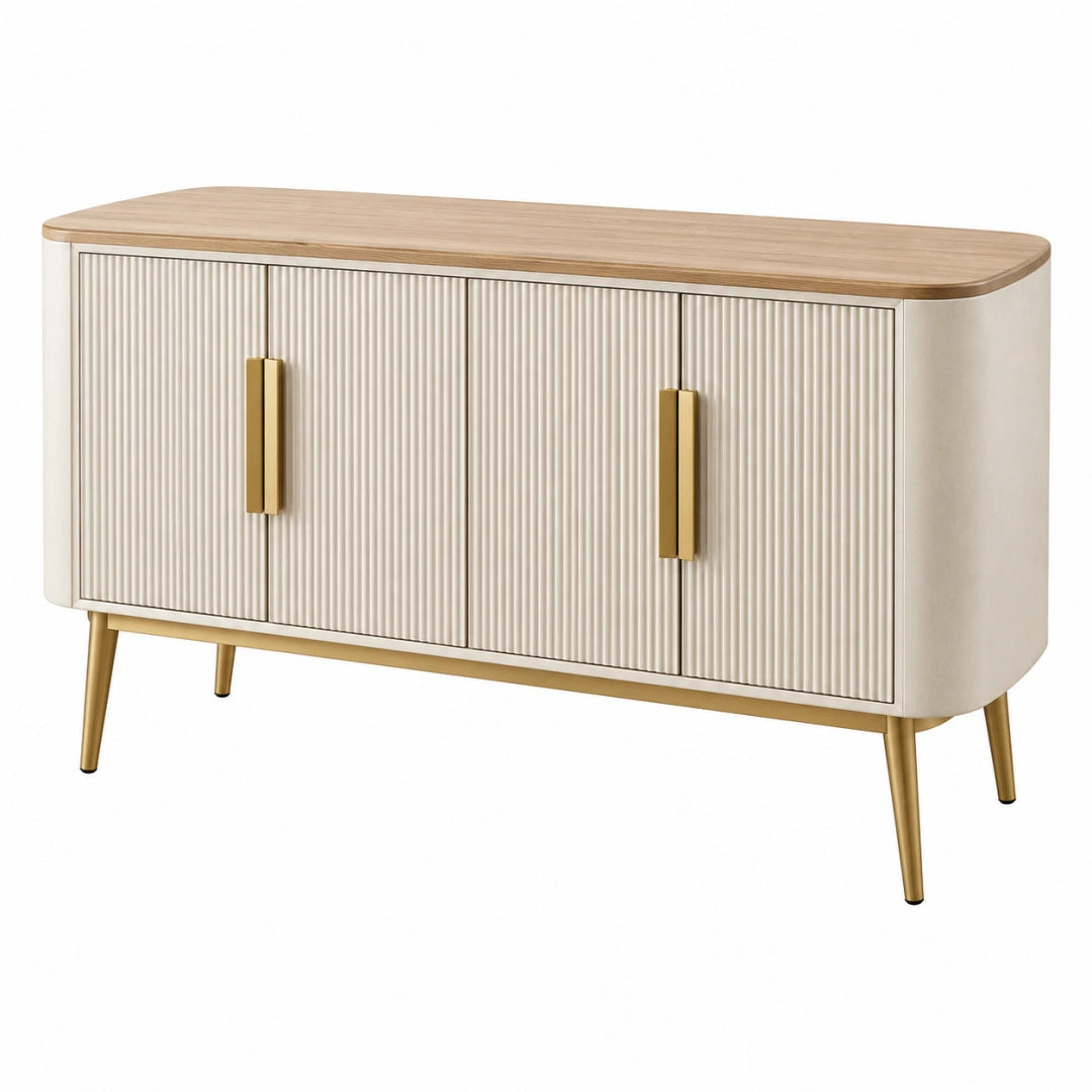 Erandilo Sideboard aus Holzwerkstoff, cremefarben mit Naturholz-Optik und goldenen Griffen, 160x40x85 cm, 4 Türen
