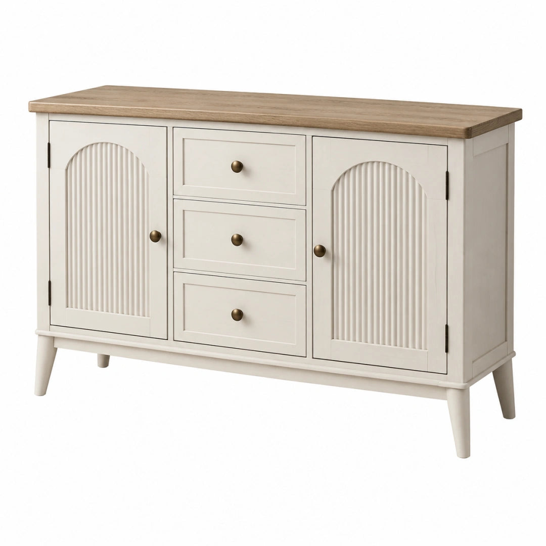 Gerades Sideboard in Weiß und Naturholzoptik mit 3 Schubladen und 2 Türen, Maße 140 x 40 x 85 cm, von Erandilo