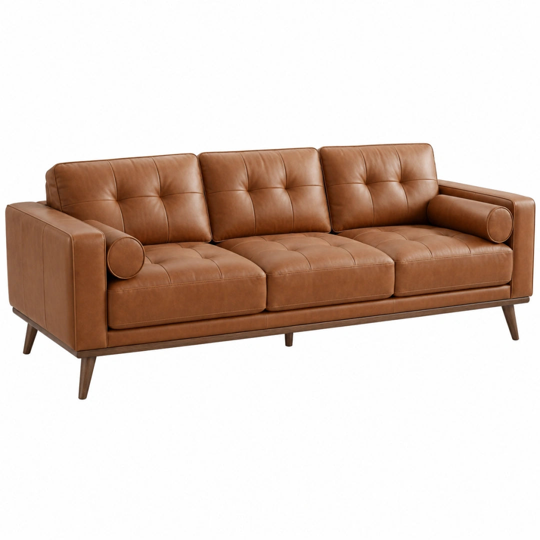 Braunes Kunstleder 3-Sitzer Sofa von Erandilo im Mid-Century-Stil, Maße 220 x 90 x 85 cm, mit Knopfheftung.