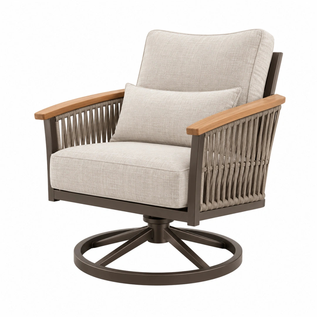 Drehbarer Garten-Loungesessel von Erandilo, aus Metall und Holz, beige-braun, mit komfortabler Sitzfläche und 78x85x92 cm Größe