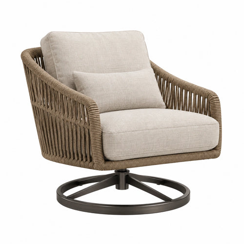 Beiger, brauner und schwarzer Drehsessel von Erandilo mit Seilgeflecht, Maße 78x82x88 cm, komfortabler Lounge-Stuhl