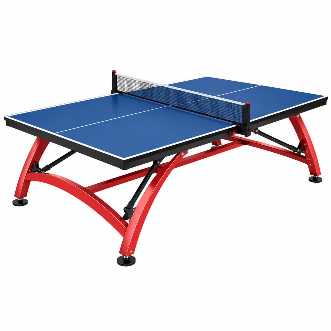 Blaue Tischtennisplatte von Erandilo mit Stahlgestell, klappbar, Maße 274 x 152,5 x 76 cm, für Indoor-Spiele