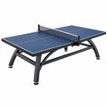 Blaue Tischtennisplatte von Erandilo mit schwarzen Stahlrahmen, Netz und Maßen 274 x 152,5 x 76 cm für den Innenbereich