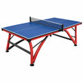 Blaue Tischtennisplatte von Erandilo mit roten Stahlbeinen, Netz, für Indoor-Spiele, Maße 274 x 152 x 76 cm