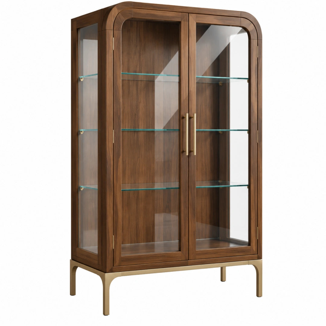 Braune Holzoptik Vitrine mit Glastüren und Metallgestell, Maße 100 x 45 x 190 cm, von Erandilo, moderne Wohnzimmeraufbewahrung