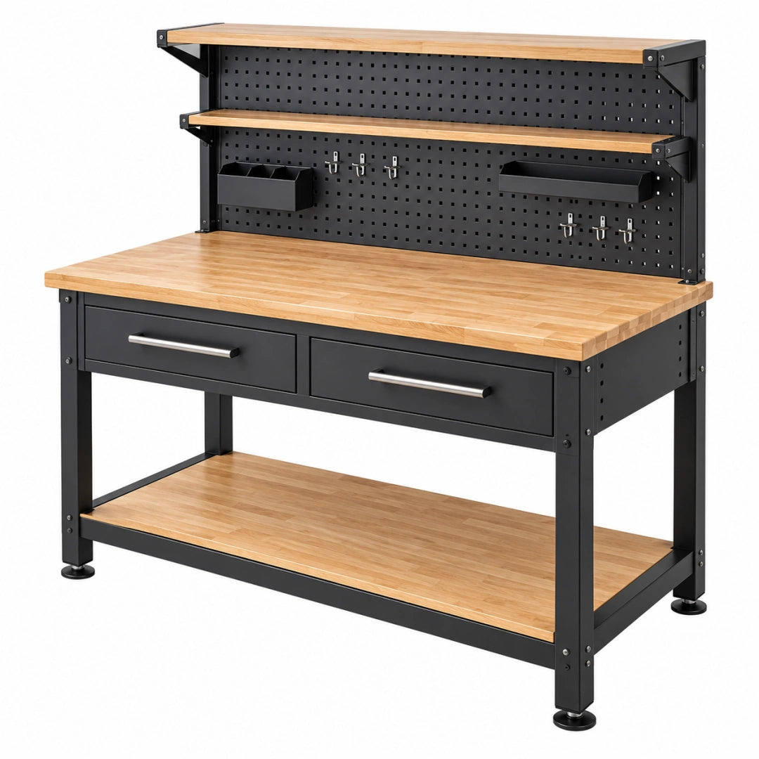 Stahl-Holz-Werkbank von Erandilo, 120x60x155 cm, schwarz natur, mit Lochwand und Schubladen, für Werkstatt und Heimgebrauch