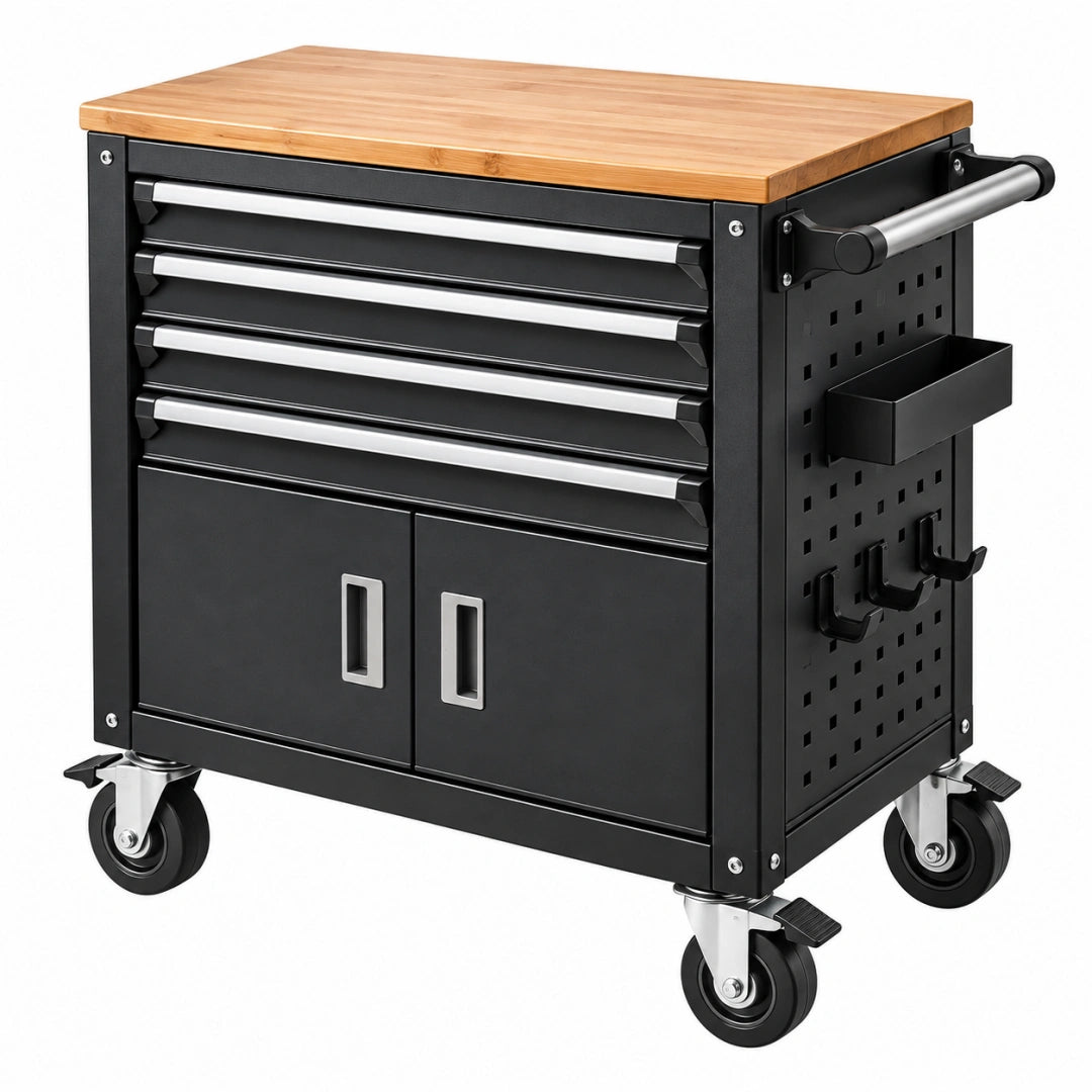 Schwarzer Werkzeugwagen aus Stahl mit Holzplatte und 5 Schubladen, Maße 85x46x96 cm, von Erandilo, für Werkstatt und Garage